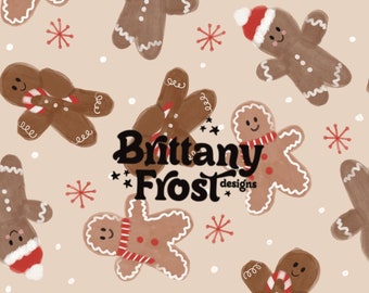 May include: A seamless pattern featuring gingerbread men with red and white icing, candy canes, and snowflakes on a beige background. The text "Brittany Frost designs" is in the center of the pattern.