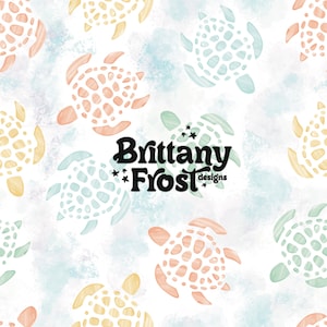 May include: A repeating pattern of watercolor sea turtles in shades of peach, yellow, and mint green on a white background with blue watercolor washes. The text "Brittany Frost designs" is in black script.