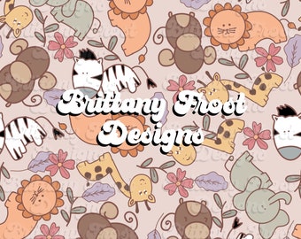May include: A seamless pattern featuring cute animal illustrations in a pastel color palette. The pattern includes lions, zebras, giraffes, elephants, and monkeys. The text "Brittany Frost Designs" is featured in the center of the pattern.