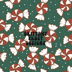 May include: A seamless pattern featuring red and white peppermint candies on a green background with white polka dots. The text "Brittany Frost Designs" is in the center of the pattern.