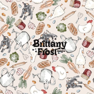 May include: A seamless pattern featuring watercolor illustrations of farm animals, vegetables, and kitchen tools. The pattern includes goats, chickens, ducks, carrots, watering cans, rolling pins, and bread. The text "Brittany Frost designs" is included in the pattern.