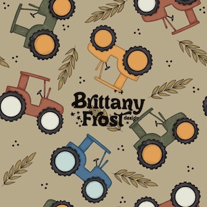 May include: A seamless pattern featuring a variety of tractors in different colors, including red, blue, green, and yellow. The tractors are set against a beige background with brown leafy branches. The text "Brittany Frost design" is centered on the pattern.
