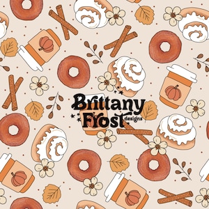 May include: A seamless pattern featuring a variety of fall-themed treats, including cinnamon rolls, donuts, and pumpkin spice lattes. The background is a light beige color with brown accents. The text "Brittany Frost designs" is featured in the center of the pattern.