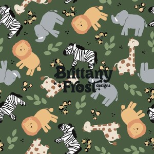 May include: A repeating pattern featuring cartoon animals including lions, zebras, giraffes, and elephants in shades of tan, gray, and white on a dark green background. The text "Brittany Frost designs" is also present.