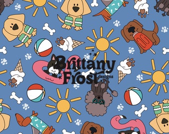 Summer Doggies Seamless File, Summer Dogs surface pattern blue