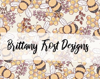 May include: A seamless pattern featuring bees and honeycombs. The bees are yellow and black with white wings. The honeycombs are gold and brown. The background is a light beige color. The text "Brittany Frost Designs" is in the center of the image.