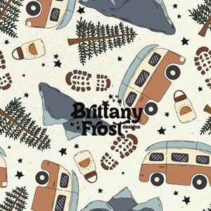 May include: A seamless pattern featuring a vintage camper van, pine trees, mountains, stars, and footprints. The pattern is in shades of brown, blue, and white on a beige background. The text "Brittany Frost designs" is included in the pattern.