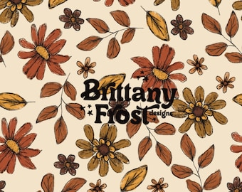 Könnte beinhalten: Ein nahtloses Muster mit braunen, orangefarbenen und gelben Blumen mit grünen Blättern auf cremefarbenem Hintergrund. Der Text "Brittany Frost designs" ist mittig im Muster platziert.
