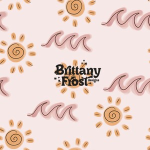 May include: A seamless pattern featuring stylized suns and waves in shades of brown, orange, and pink on a light pink background. The text "Brittany Frost designs" is centered in the pattern.