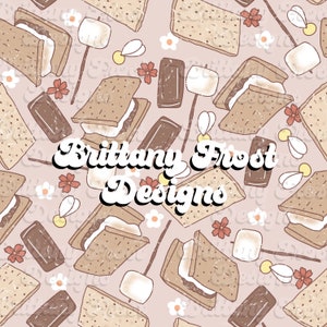 May include: A repeating pattern featuring s'mores, marshmallows on sticks, chocolate bars, and small flowers in shades of brown, white, and red on a light pink background. The text "Brittany Frost Designs" is in the center of the image.