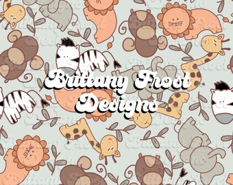 May include: A seamless pattern featuring a variety of cute animal illustrations in a light blue background. The animals include zebras, giraffes, elephants, lions, and monkeys. The pattern is perfect for fabric, wallpaper, or other creative projects.
