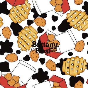 May include: A seamless pattern featuring a white background with black cow spots. The pattern includes red and white boxes filled with chicken nuggets, white containers, and yellow waffle fries. The text "Brittany Fost Designs" is included in the pattern.
