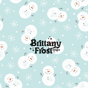May include: A seamless pattern featuring white snowmen on a light blue background with white snowflakes. The text "Brittany Frost designs" is in the center of the pattern.