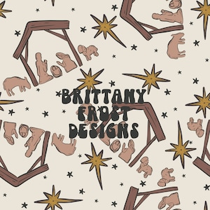 May include: A seamless pattern featuring a brown and beige nativity scene with a star, a donkey, a sheep, and the text "Brittany Frost Designs".