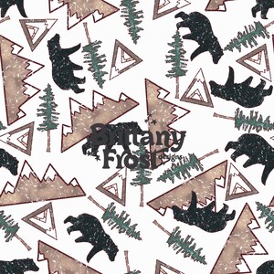May include: A seamless pattern featuring black bears, pine trees, and geometric mountain shapes in brown, red, and white on a white background. The pattern has a distressed, vintage look.