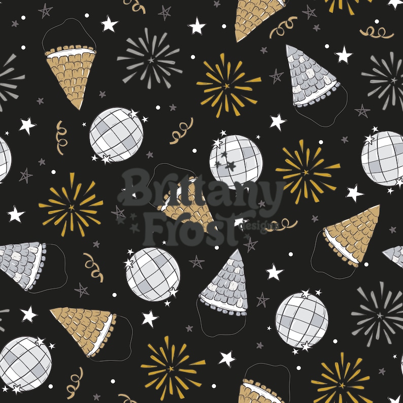 May include: A black and white seamless pattern featuring gold and silver party hats, disco balls, and fireworks. The text "Brittany Frost Designs" is in the center of the pattern.