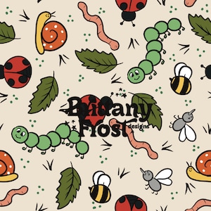 May include: A seamless pattern featuring various bugs and insects, including ladybugs, caterpillars, snails, bees, and worms. The background is a light beige color with green leaves and small dots. The text "Brittany Frost designs" is in the center of the pattern.