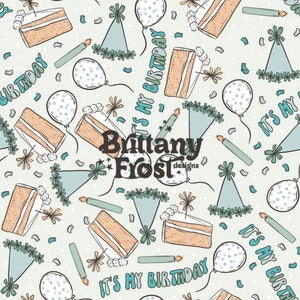 May include: A seamless pattern featuring a light green background with white polka dots. The pattern includes illustrations of birthday cake slices, blue party hats, candles, balloons, and the text "It's My Birthday".