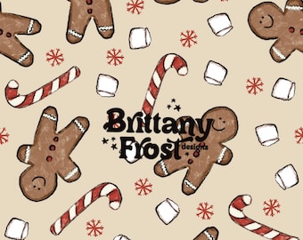 May include: A seamless pattern featuring gingerbread men, candy canes, and marshmallows on a beige background. The text "Brittany Frost designs" is in the center of the pattern.