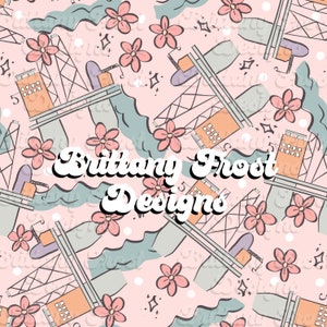 May include: A seamless pattern featuring pink and white flowers, a light blue and gray bridge, and a peach-colored building. The text "Brittany Frost Designs" is in the center of the pattern.