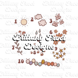 May include: A whimsical illustration featuring a sun, clouds, butterflies, flowers, bees, stars, and a caterpillar. The text "Brittany Sweet Designs" is also included. The color palette includes shades of brown, orange, and blue.