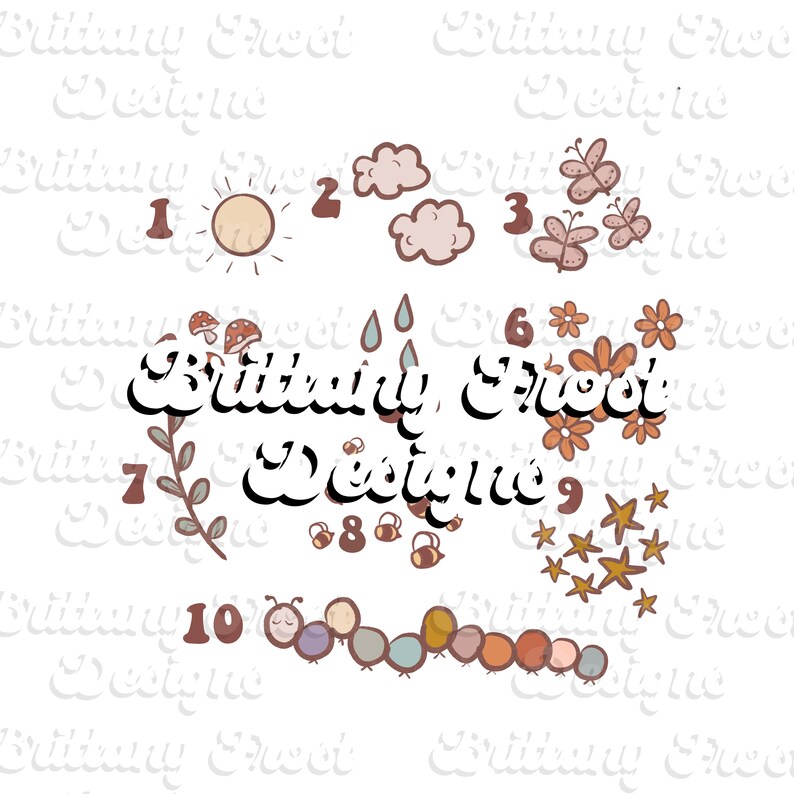 May include: A whimsical illustration featuring a sun, clouds, butterflies, flowers, bees, stars, and a caterpillar. The text "Brittany Sweet Designs" is also included. The color palette includes shades of brown, orange, and blue.