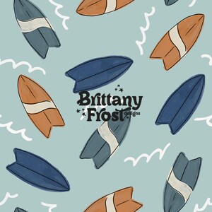 May include: A pattern featuring surfboards in shades of blue and brown with white accents, set against a light blue background. The design includes white wave illustrations and the text "Brittany Frost designs".