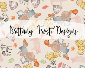 May include: A seamless pattern featuring watercolor illustrations of farm animals, tractors, hay bales, pumpkins, and barns. The pattern is on a light beige background. The text "Brittany Frost Designs" is in the center of the pattern.