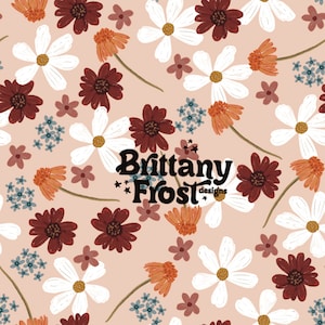 May include: A seamless pattern featuring a variety of flowers in shades of white, red, orange, and brown on a light peach background. The pattern includes daisies, smaller flowers, and sprigs of leaves. The text "Brittany Frost designs" is centered in the pattern.