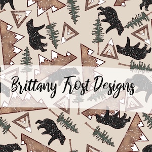 May include: A seamless pattern featuring brown bears, pine trees, and geometric shapes in shades of brown, red, and white on a beige background. The text "Brittany Frost Designs" is visible in the centre of the image.
