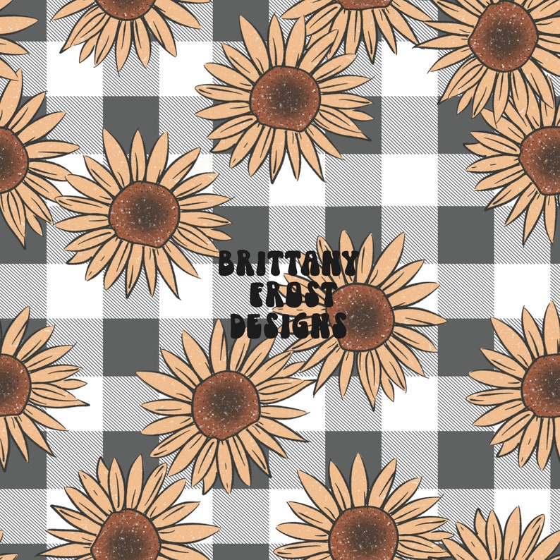 Puede incluir: Un patr&oacute;n sin costuras que presenta girasoles marrones con un centro texturizado sobre un fondo de cuadros de b&uacute;falo blanco y gris. El texto "Brittany Frost Designs" est&aacute; en el centro del patr&oacute;n.