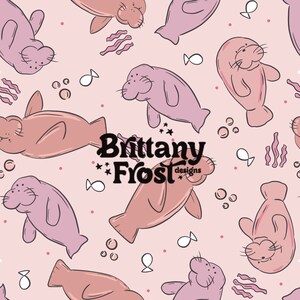 May include: A seamless pattern featuring pink and brown manatees swimming in a pink background with white dots. The pattern also includes white fish, bubbles, and seaweed. The text "Brittany Frost designs" is in the centre of the pattern.
