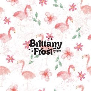 May include: A seamless pattern featuring pink flamingos and pink flowers on a white background. The text "Brittany Frost designs" is in the center of the pattern.