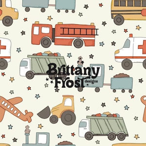 May include: A seamless pattern featuring various vehicles in a cartoon style, including a fire truck, ambulance, school bus, dump truck, airplane, bulldozer, and a train. The background is a light cream color with scattered stars in various colors.