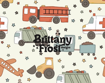May include: A seamless pattern featuring various vehicles in a cartoon style, including a fire truck, ambulance, school bus, dump truck, airplane, bulldozer, and a train. The background is a light cream color with scattered stars in various colors.