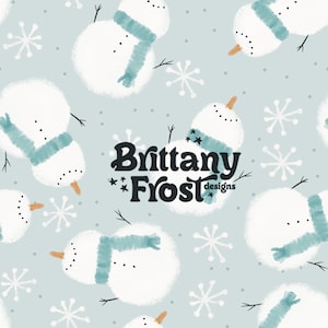 May include: A seamless pattern featuring white snowmen with blue scarves and white snowflakes on a light blue background. The text "Brittany Frost designs" is in the centre of the pattern.