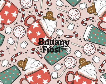 May include: A seamless pattern featuring a festive winter theme with red and white mugs filled with hot chocolate topped with whipped cream and a gingerbread man, candy canes, marshmallows, and red and white lollipop sticks on a light pink background. The text "Brittany Frost Designs" is featured in the center of the pattern.