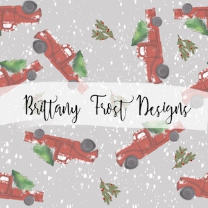 May include: A seamless pattern featuring red vintage pickup trucks carrying Christmas trees on a light grey background with white snowflakes. The trucks have black wheels and white headlights. There are also small green sprigs with red berries scattered throughout the pattern.