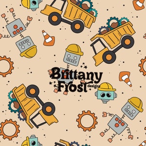 Puede incluir: Un patrón sin costuras con robots, camiones de construcción y engranajes. Los robots llevan cascos y tienen un diseño retro. Los camiones son amarillos y llevan tierra y engranajes. El fondo es de color beige claro.