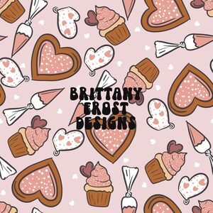 May include: A seamless pattern featuring pink and brown cupcakes, hearts, and candy on a light pink background. The text "Brittany Frost Designs" is in the center of the pattern.