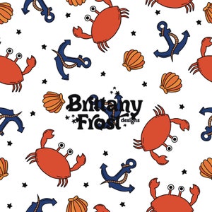 May include: A seamless pattern featuring red crabs, blue anchors, orange seashells, and black stars on a white background. The text "Brittany Frost designs" is in the center of the pattern.