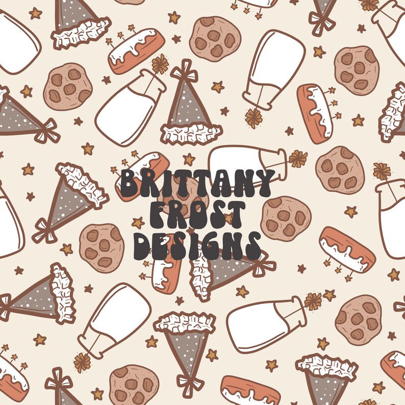 Op de afbeelding: Een naadloos patroon met een lichtbruine achtergrond met verschillende illustraties van feestmutsen, melk flessen, koekjes en taarten. De tekst "Brittany Frost Designs" is gecentreerd in het patroon.