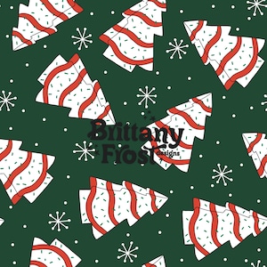 May include: A seamless pattern featuring white Christmas trees with red and green stripes on a dark green background. The trees are decorated with white sprinkles and red candy canes. The pattern also includes white snowflakes.