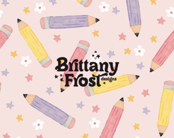 May include: A seamless pattern featuring a variety of coloured pencils on a pink background. The pencils are yellow, purple, pink, and blue. There are also small white flowers and yellow stars scattered throughout the pattern. The text "Brittany Frost designs" is in the centre of the pattern.