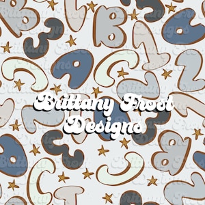 May include: A seamless pattern featuring abstract shapes in shades of blue, gray, and beige. The shapes are outlined in brown and resemble letters and numbers. The background is white with gold stars scattered throughout. The text "Brittany Frost Designs" is centered in the pattern.