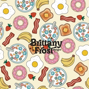 May include: A seamless pattern featuring a variety of breakfast foods, including cereal bowls, donuts, fried eggs, toast, bananas, and bacon. The pattern is set on a light yellow background and features a watermark with the text "Brittany Frost designs".