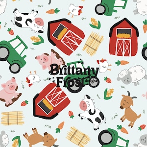 May include: A seamless pattern featuring a variety of farm animals, including cows, pigs, chickens, goats, and sheep. The pattern also includes red barns, green tractors, hay bales, and carrots on a light blue background. The text "Brittany Frost Designs" is included in the pattern.