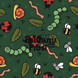 May include: A green background with a repeating pattern of various insects, worms, and leaves. The insects include ladybugs, bees, and mosquitos. The worms are red and green. The leaves are green and have a pointed shape. The text "Brittany Frost designs" is in the center of the image.