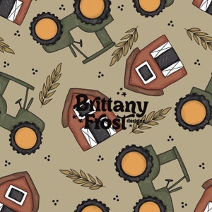 May include: A seamless pattern featuring red barns, green tractors, and wheat stalks on a light brown background. The text "Brittany Frost designs" is centered in the pattern.