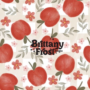 May include: A seamless pattern featuring red apples, pink and yellow flowers, and green leaves on a beige and white checkered background. The text "Brittany Frost designs" is centered in the pattern.